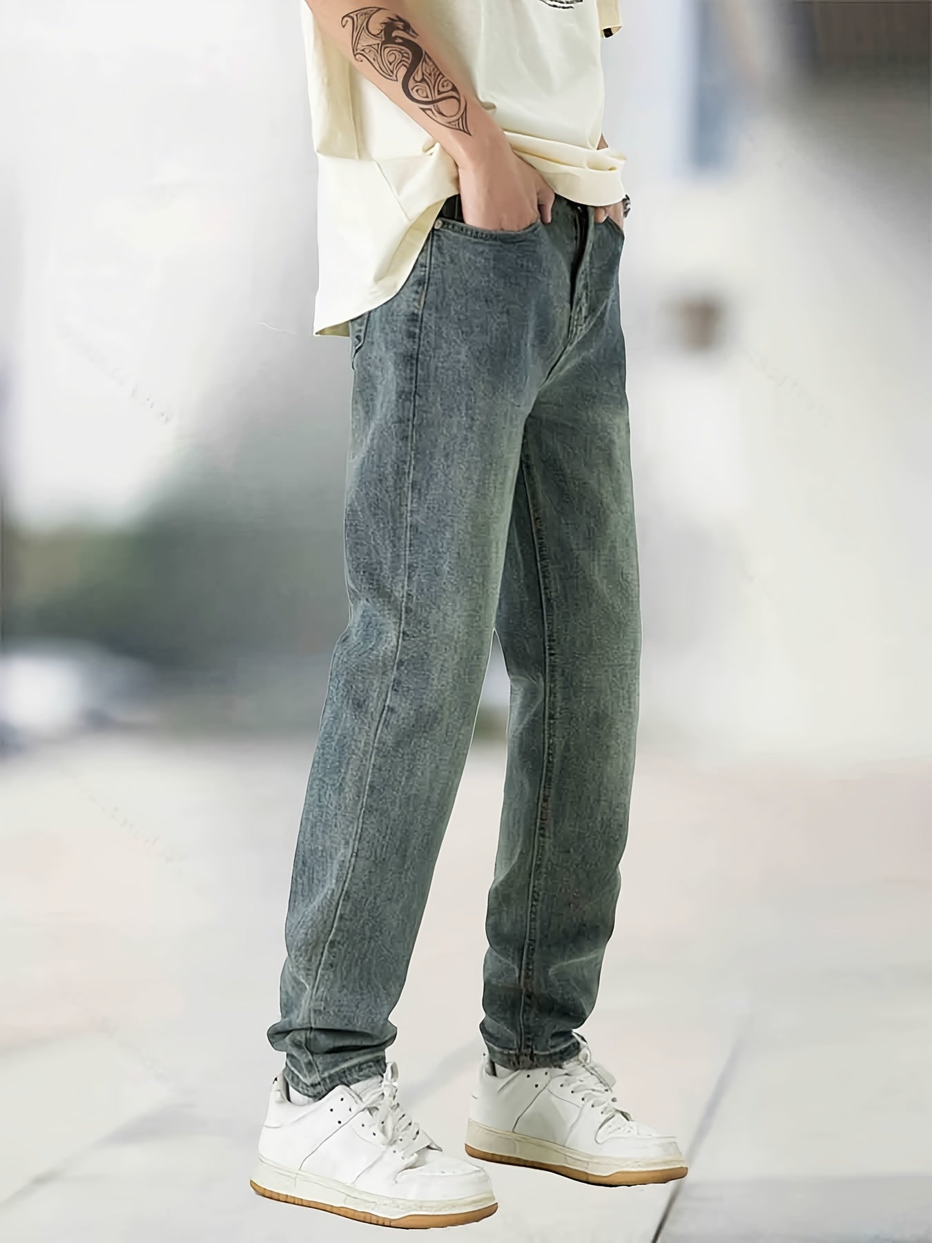 Straight Leg Jeans Mens Casual Street Style Medium Stretch Regular Pants