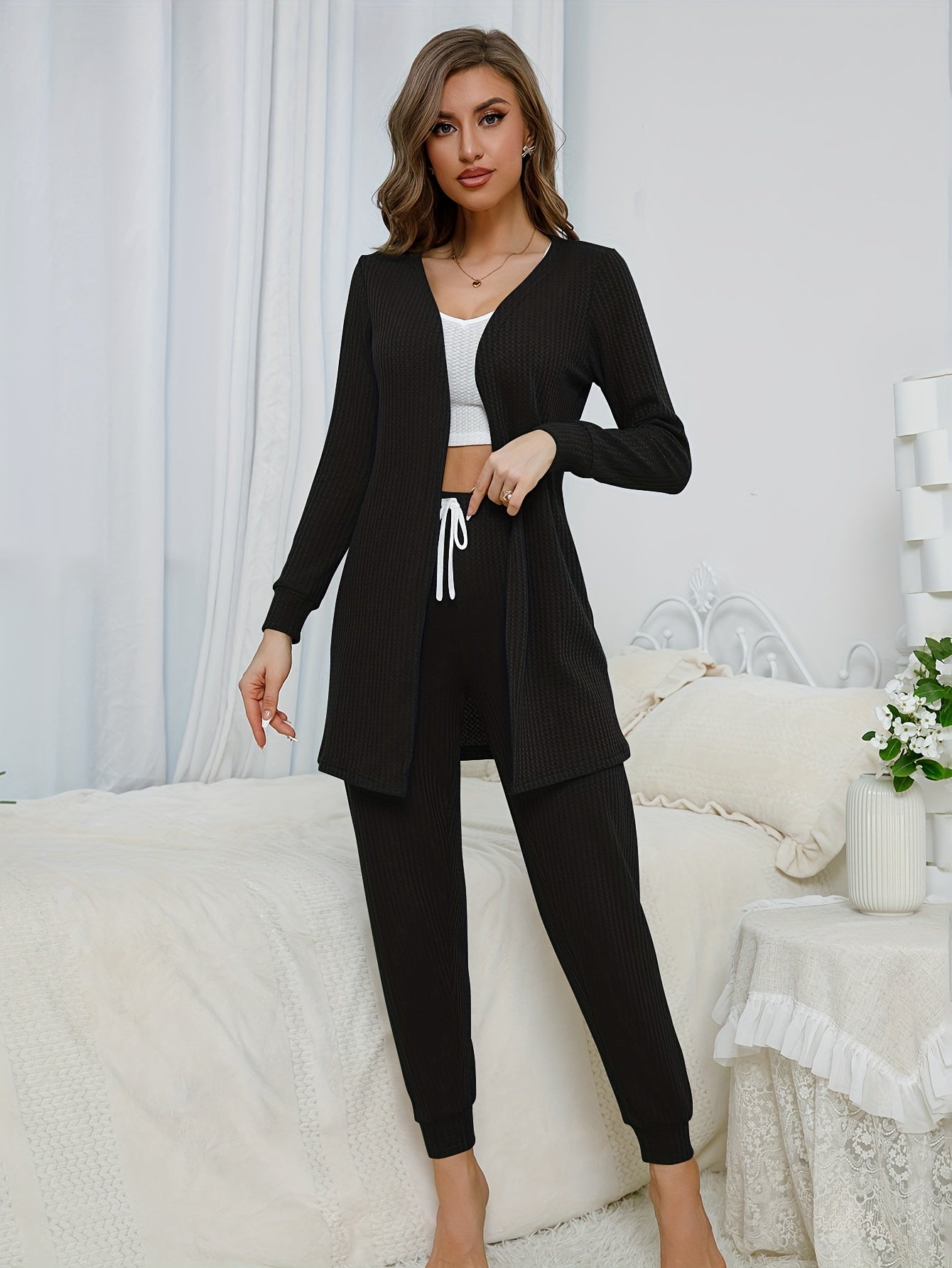 Waffle Lounge Set Long Sleeve Robe & Tank Top & Pants Women's Loungewear