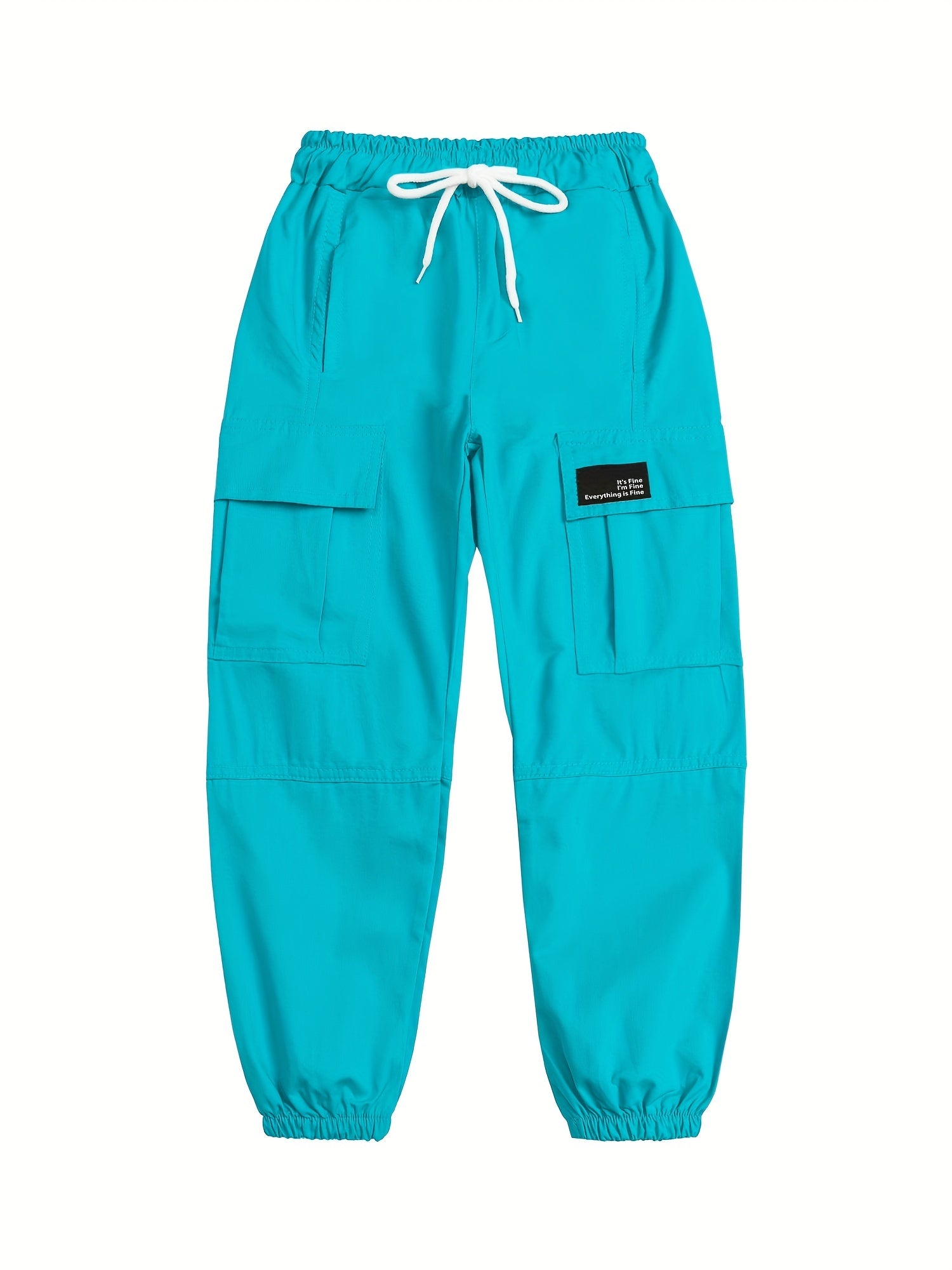 Girls Cargo Pants Elastic Waist Drawstring Loose Tapered Pockets Jogger Pants