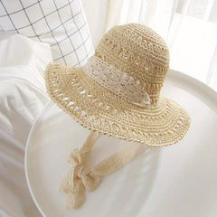 Hollow Crochet Bucket Hat Lace Ribbon Tie Wide Brim Straw Sun Hat