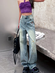 Vintage Embroidery High Rise Denim Pants Slash Pocket Wide Leg Jeans