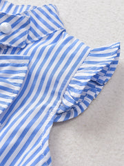 Girls Striped Pearl Button Ruffled Sleeves Lace Trim Shirt Tops