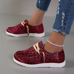 Leopard Print Flat Lace-Up Canvas Shoes for Women