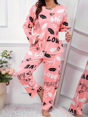 Kiss & Heart Print Tee & Pants Pajamas Lounge Set