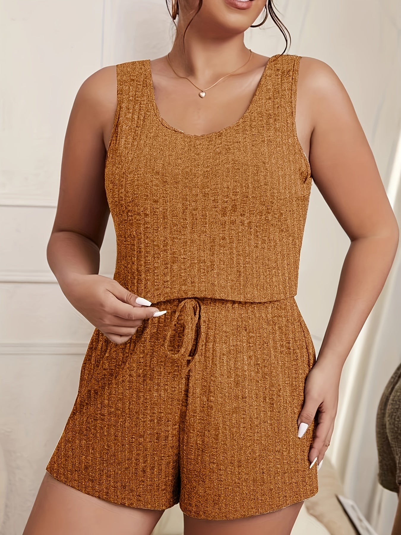 Ribbed Crop Tank Top & Tie Shorts Lounge Set