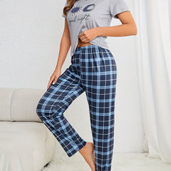 Letter Print Pajamas Set Short Sleeve Top & Plaid Pants