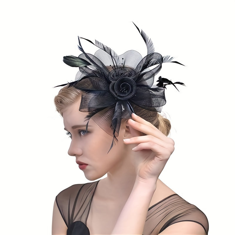 Mesh Flower Faux Feather Head Piece Hat for Party