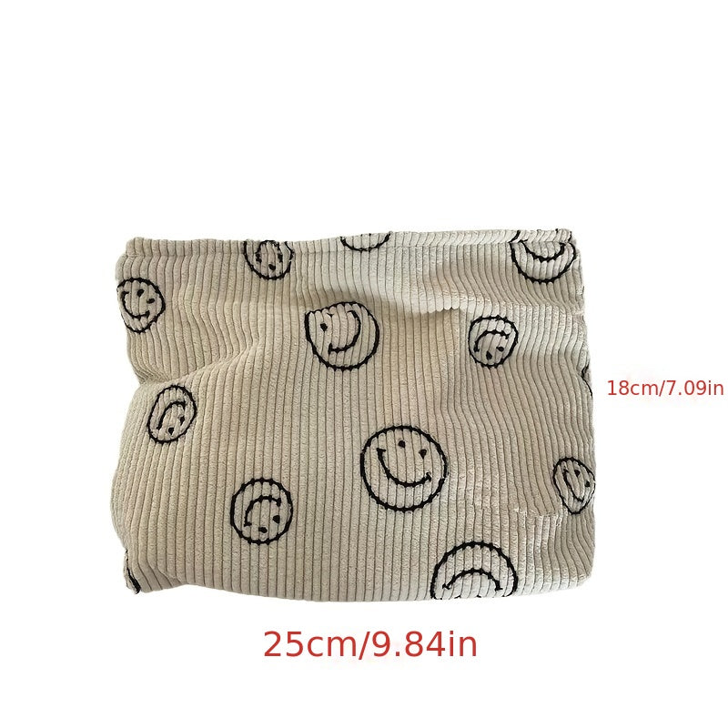 Corduroy Smile Face Cosmetic Bag Large Capacity Travel Toiletry Pouch