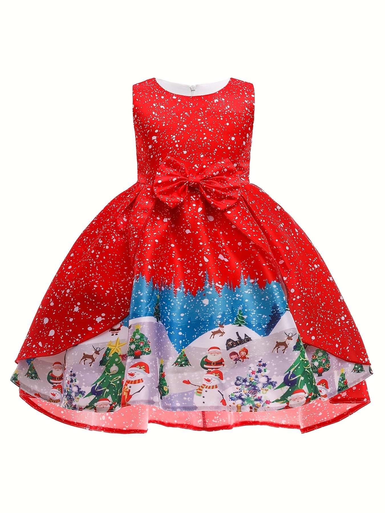 Girl's Christmas Princess Dress with Santa Print - Holiday Party Dress
