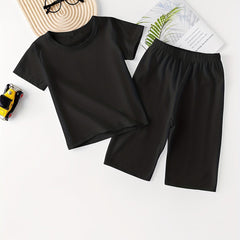 2pcs Kid's Solid Pajamas T shirt & Shorts Set Comfy PJ Set Boy's Loungewear