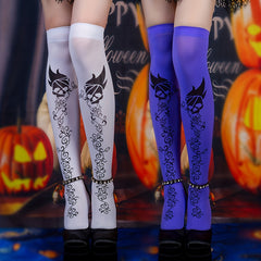 Skull Print Thigh High Socks Halloween Lace Over The Knee Stockings