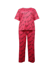 Casual Pajamas Set Women's Plus Heart & Letter Print Tee & Pants