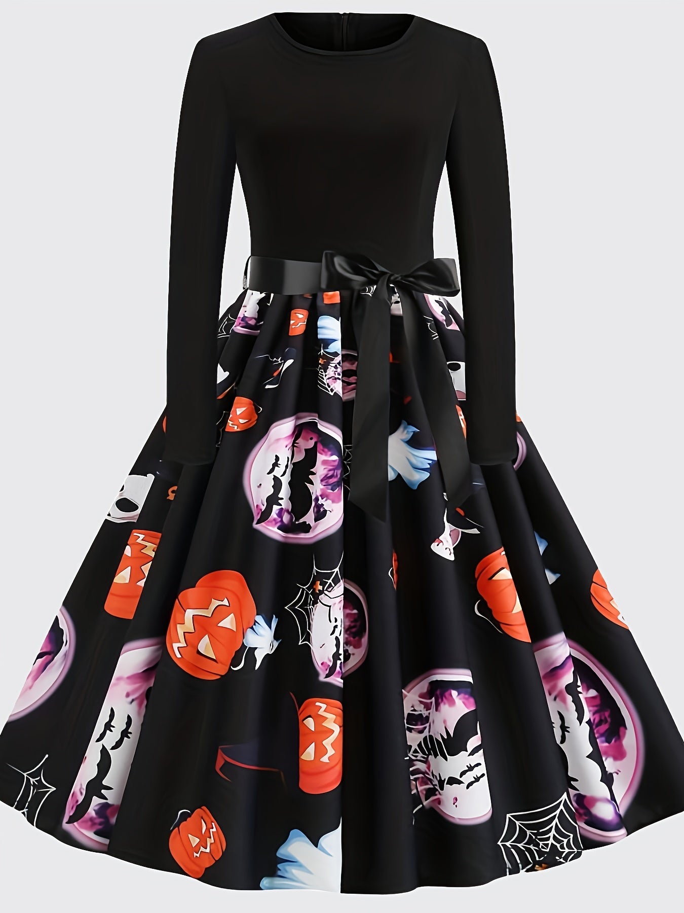 Halloween Skull & Pumpkin Print A-line Dress