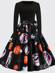 Halloween Skull & Pumpkin Print A-line Dress