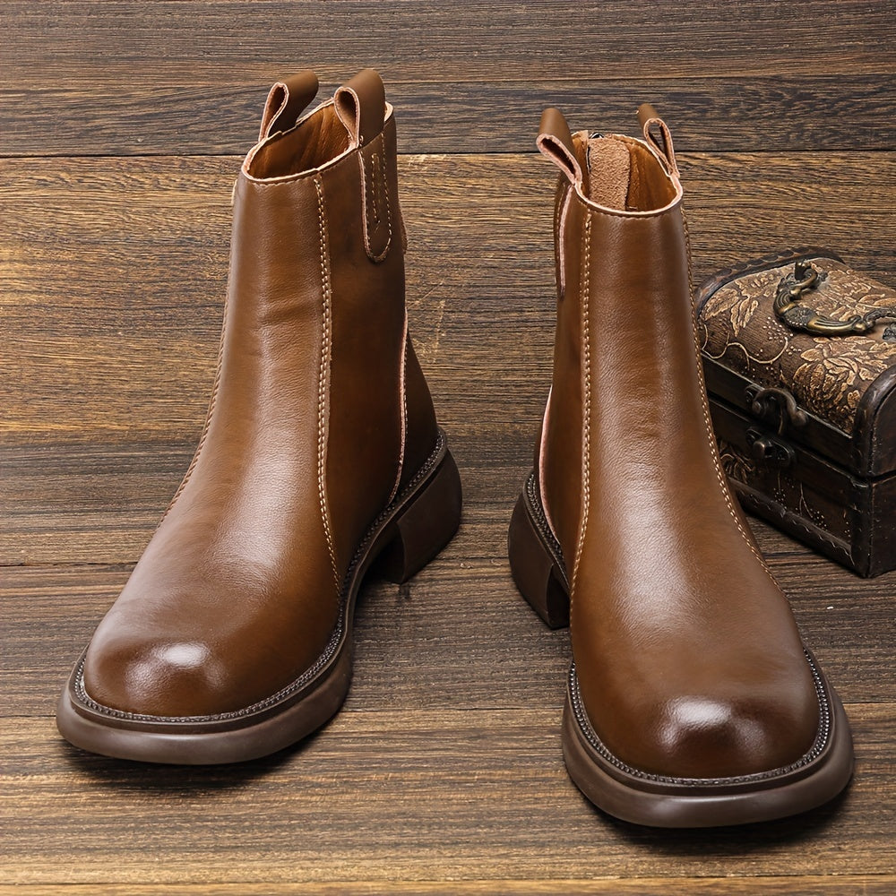 Women's Brown Chunky Heel Boots Warm Plush Lined Leather Boots
