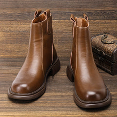 Women's Brown Chunky Heel Boots Warm Plush Lined Leather Boots