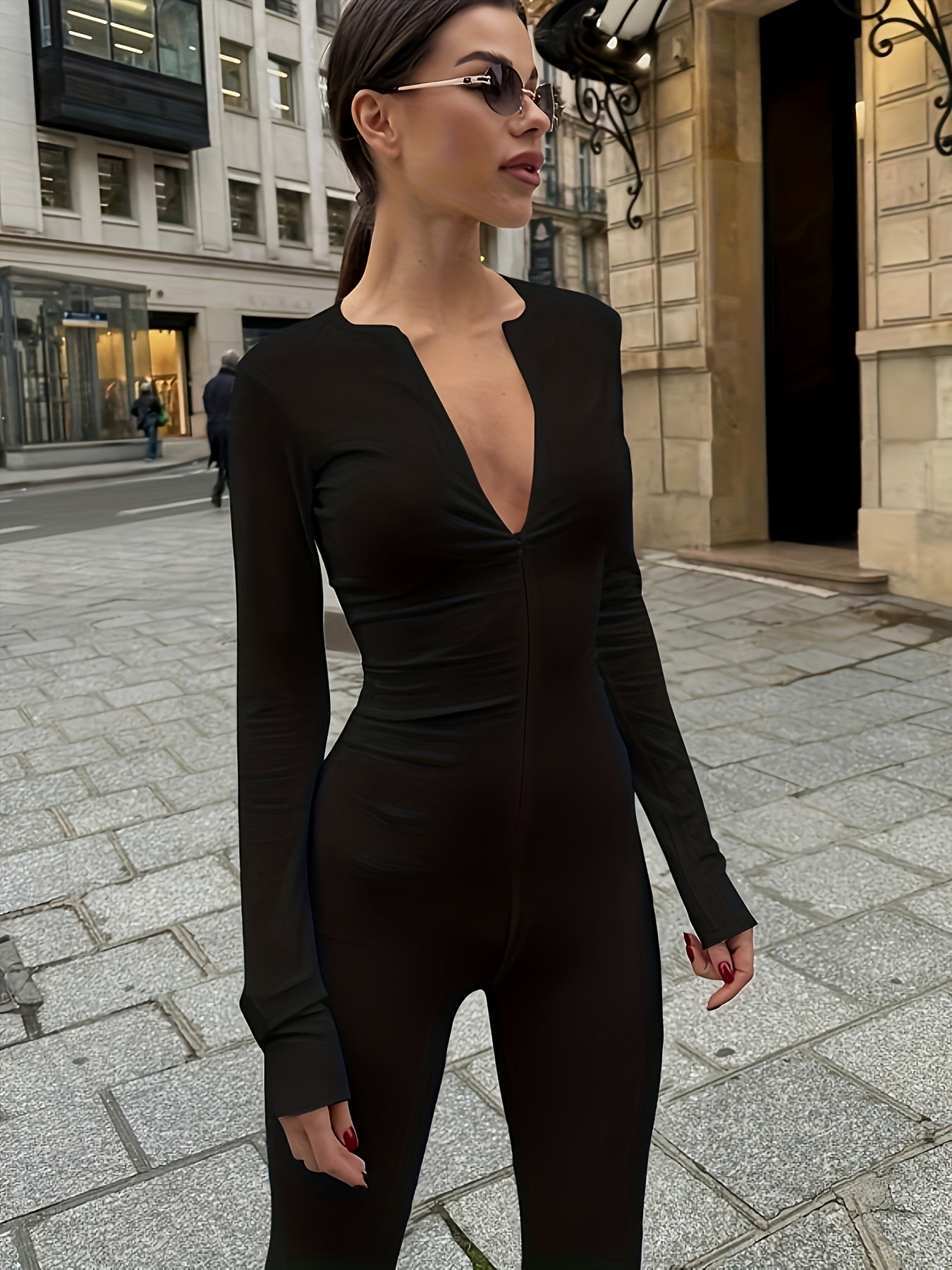 Long Sleeve V neck Yoga Jumpsuit Solid Sports Bodysuit For Women