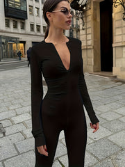 Long Sleeve V neck Yoga Jumpsuit Solid Sports Bodysuit For Women