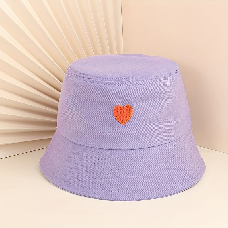 Peach Heart Embroidery Bucket Hat UV Protection Cotton Cloche