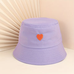 Peach Heart Embroidery Bucket Hat UV Protection Cotton Cloche