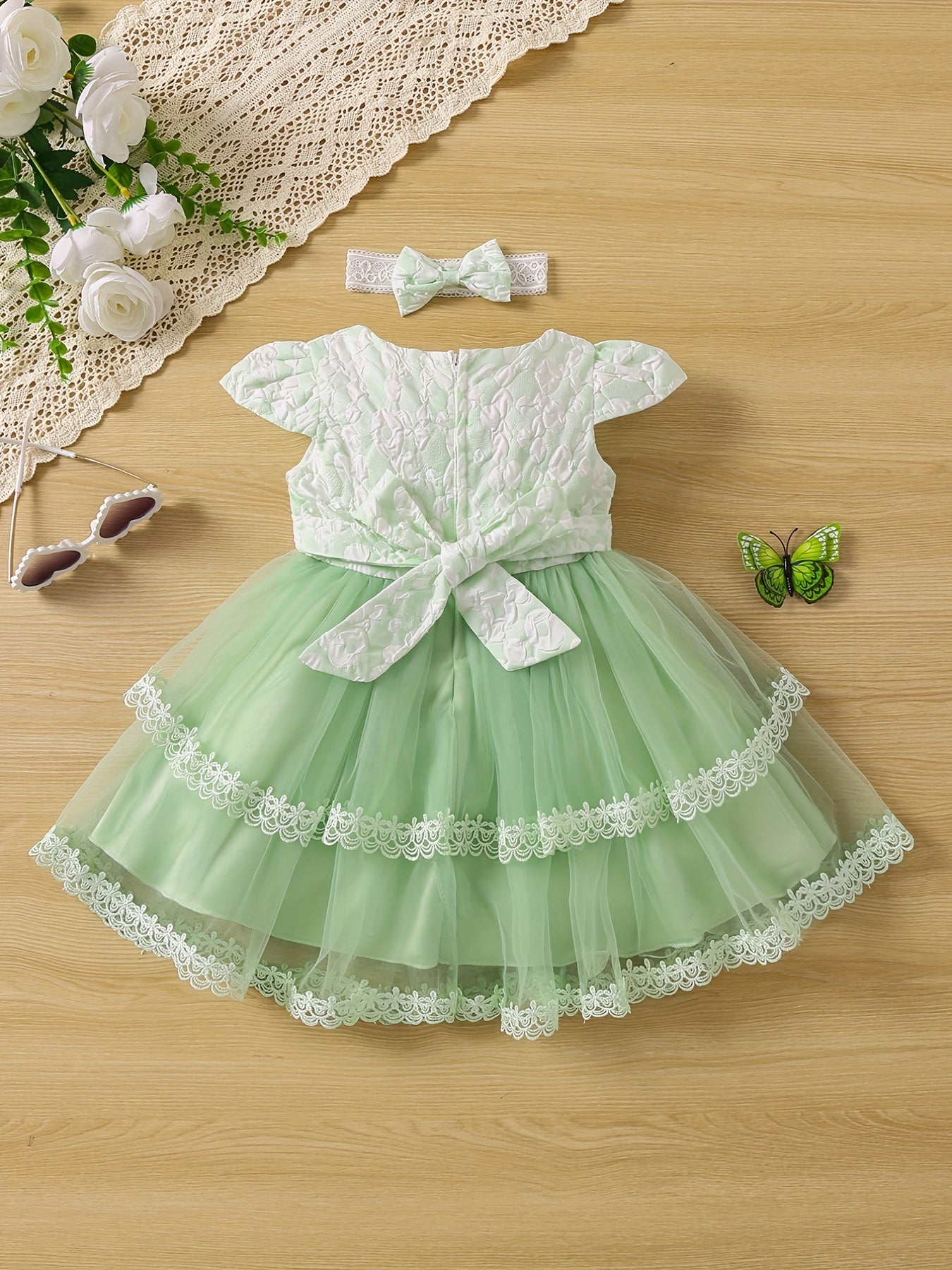 Mesh Puffy Princess Dress Flower Decor Flutter Sleeve