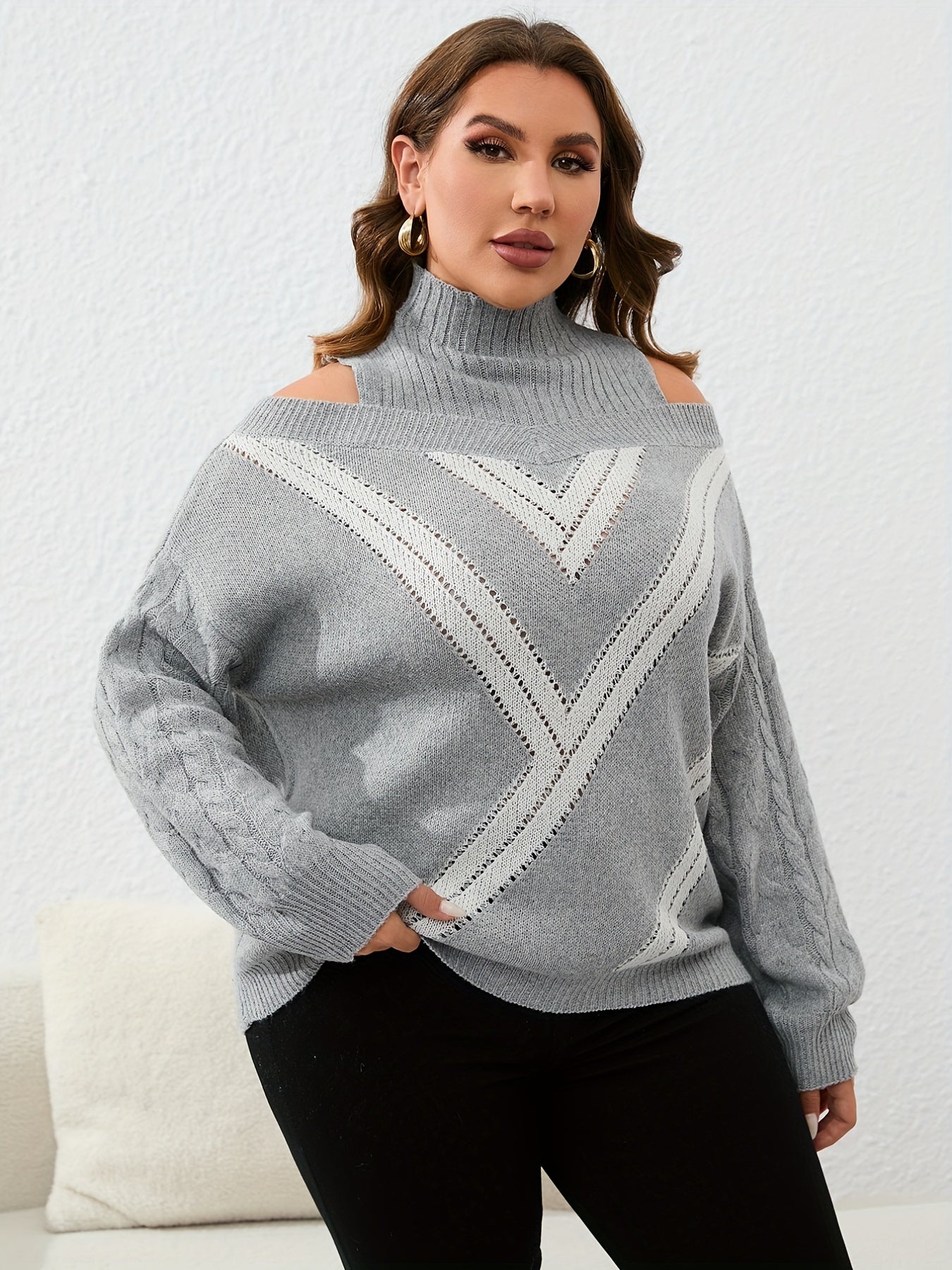 Geo Print Cold Shoulder Knit Top