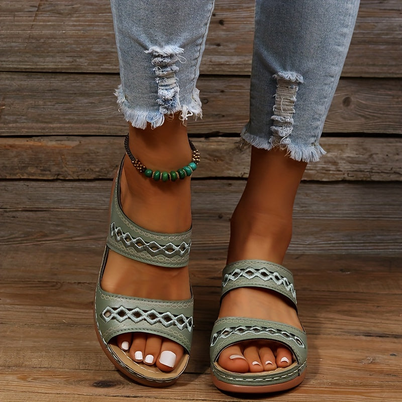 Women's Hollow Out Sandals Faux Leather Open Toe Slip On Wedge Shoes