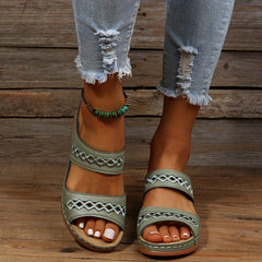 Women's Hollow Out Sandals Faux Leather Open Toe Slip On Wedge Shoes