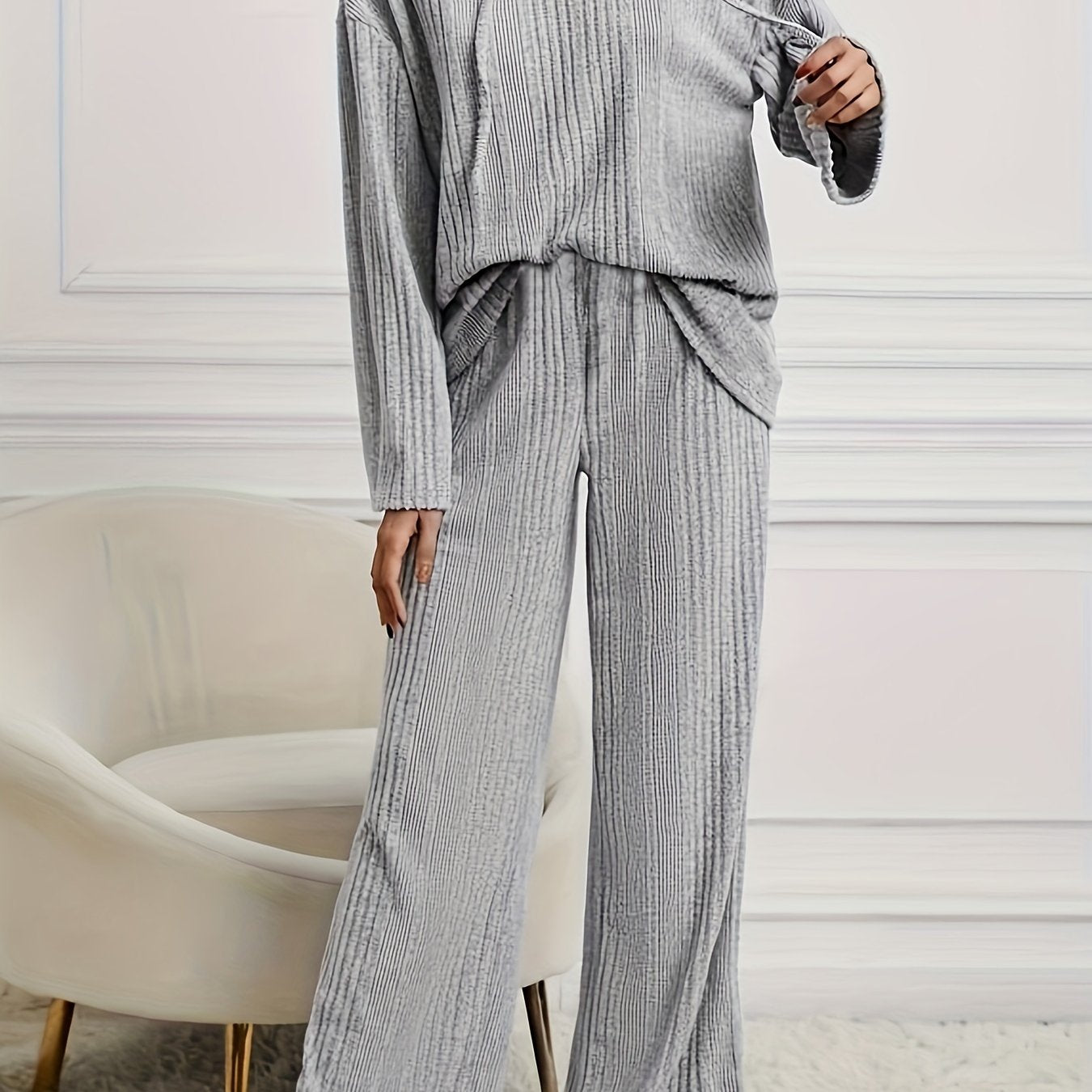 Solid Ribbed Hooded Top & Wide Leg Pants Set