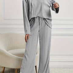 Solid Ribbed Hooded Top & Wide Leg Pants Set