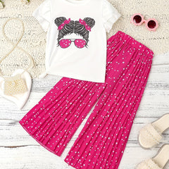 Girl Portrait Pattern T shirt & Polka Dot Pants Set For Holiday