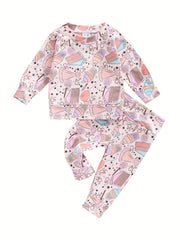 2pcs Toddler Girls Floral Print Top & Pants Set