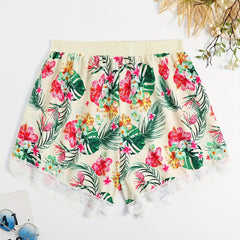 Tropical Print Lace Trim Elastic High Rise Shorts