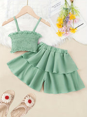 2pcs Toddler Girls Shirred Cami Crop Top & Ruffle Trim Shorts Set