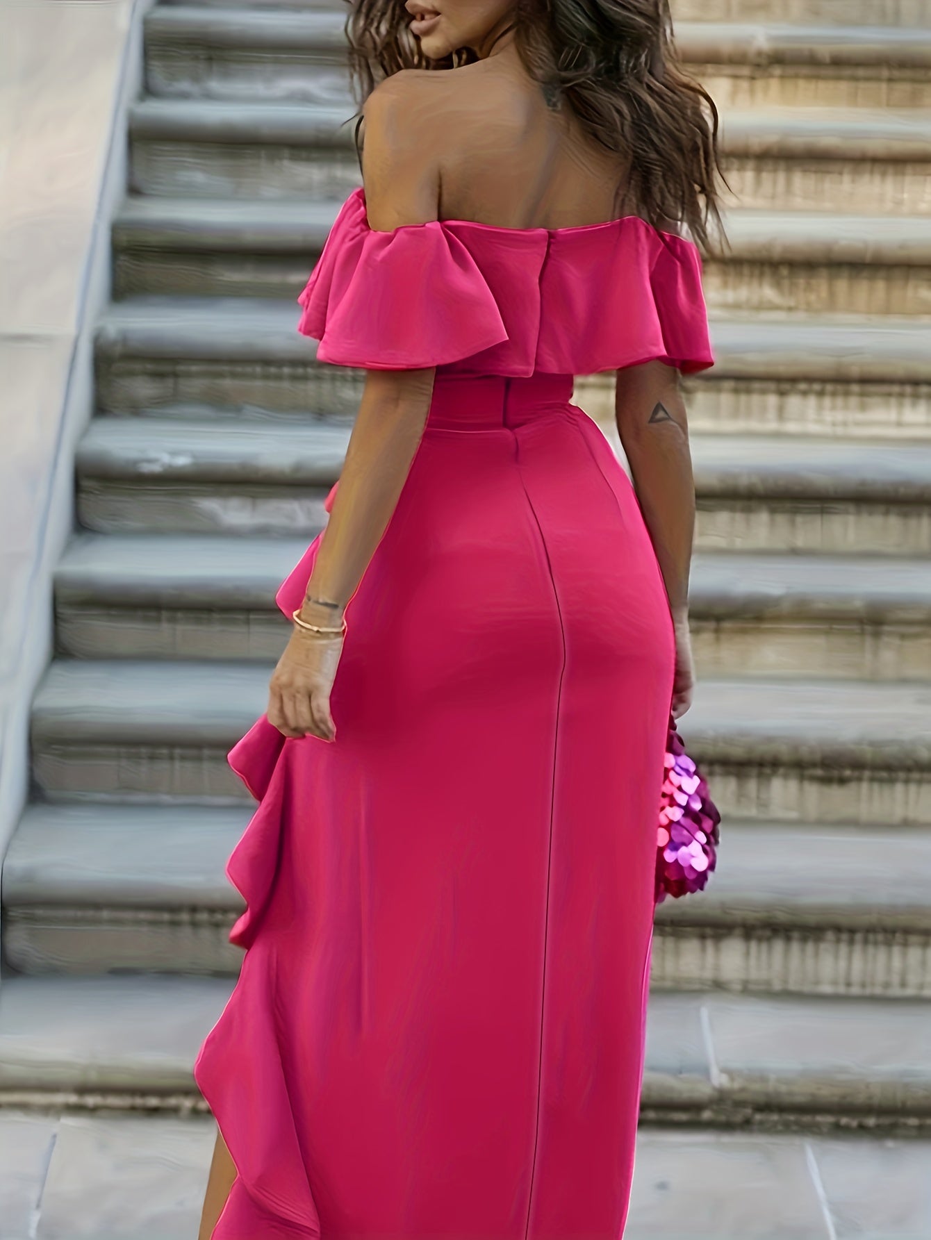Off Shoulder Ruffle Trim Split Dress for Party