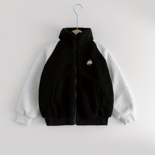 Boys Fuzzy Fleece Jacket Letter Patchwork Stand Collar Kids Warm Zipper Coat