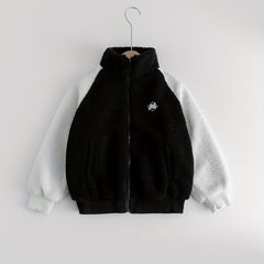 Boys Fuzzy Fleece Jacket Letter Patchwork Stand Collar Kids Warm Zipper Coat