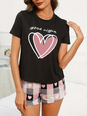 Heart Print Lounge Set Crew Neck Short Sleeve Top & Plaid Shorts
