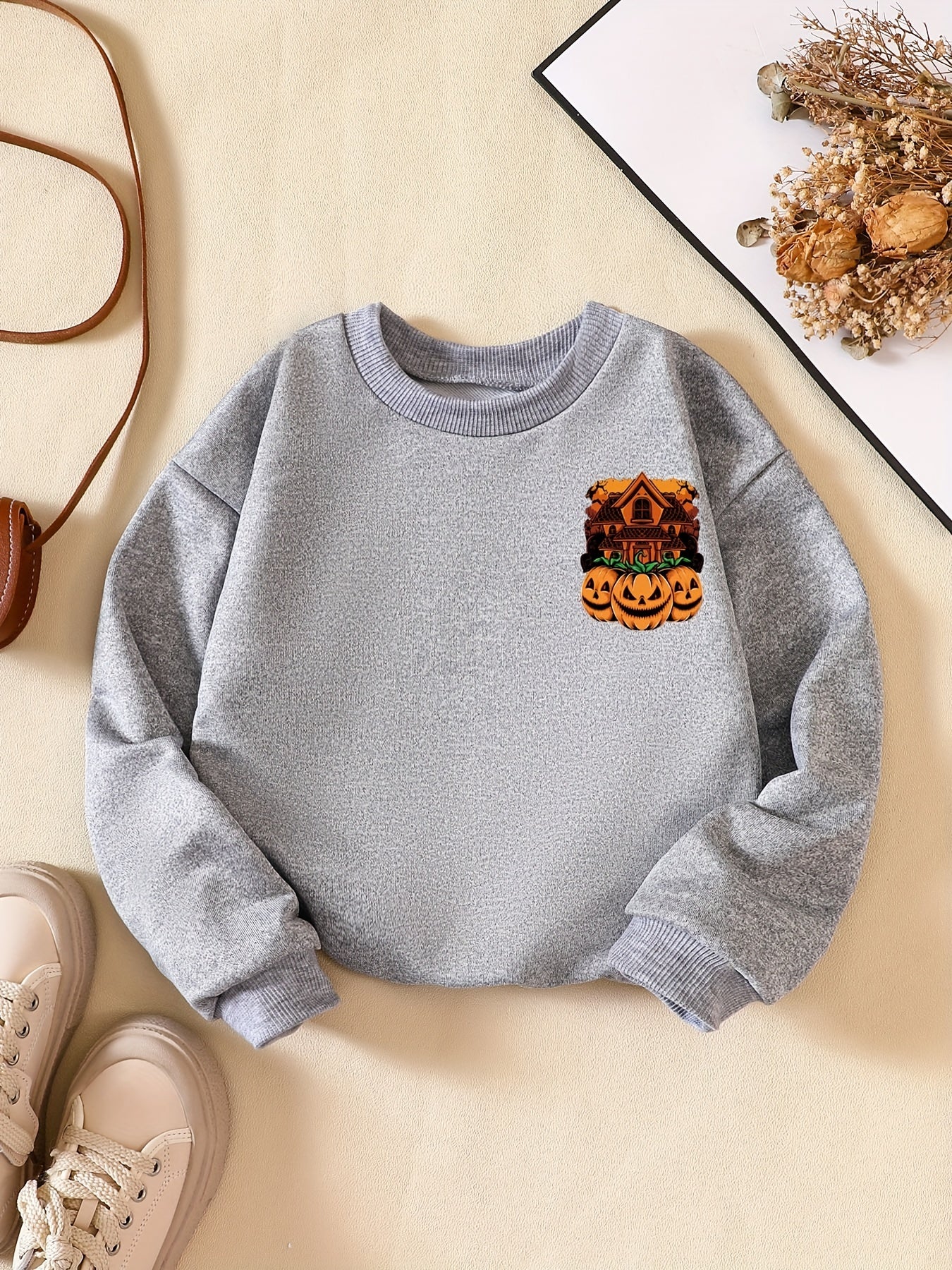 Girls' Pumpkin House Print Sweatshirt Long Sleeve Pullovers