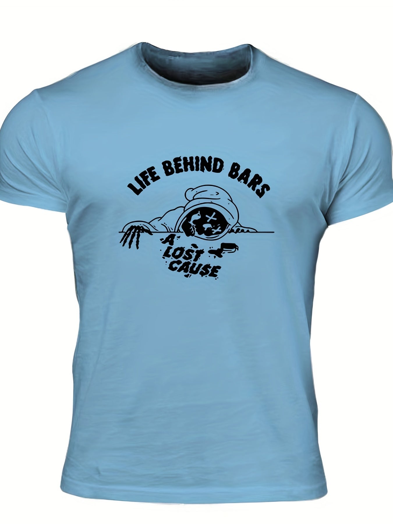 Men's Life Behind Bars Letter Print T-shirt - Casual, Stretch, Breathable Tee