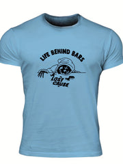 Men's Life Behind Bars Letter Print T-shirt - Casual, Stretch, Breathable Tee