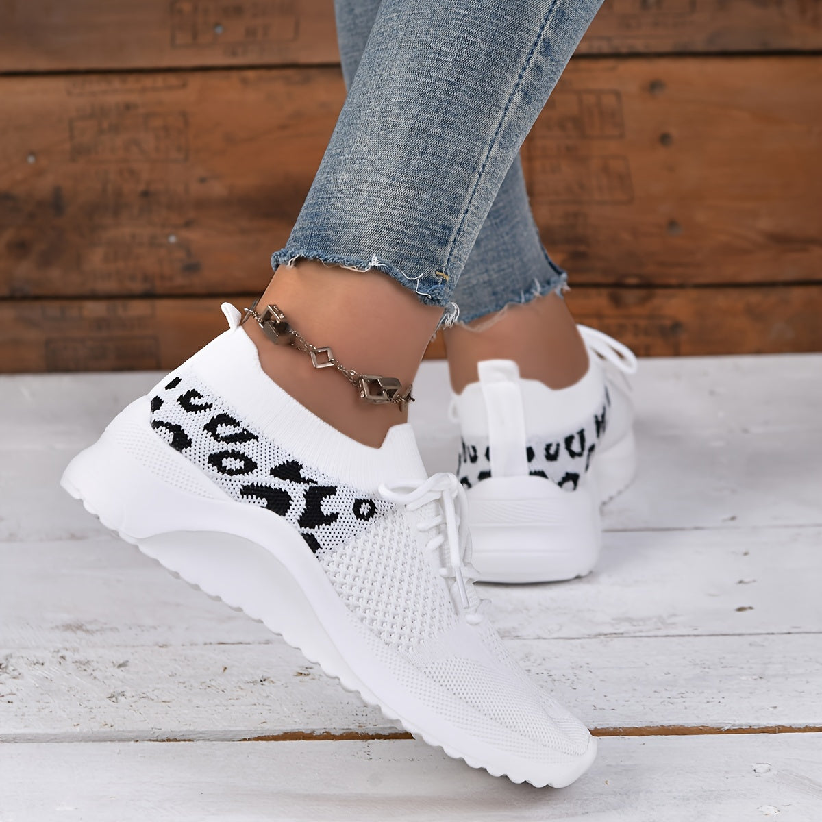 Leopard Print Knit Socks Sneakers Soft Sole Casual Running Shoes
