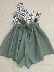 Floral Print One Shoulder Belted Romper Jumpsuit Casual Sleeveless