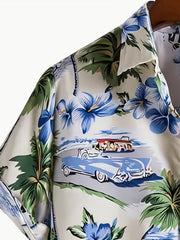 Retro Cat & Coconut Tree Print Men's Hawaiian Shirt