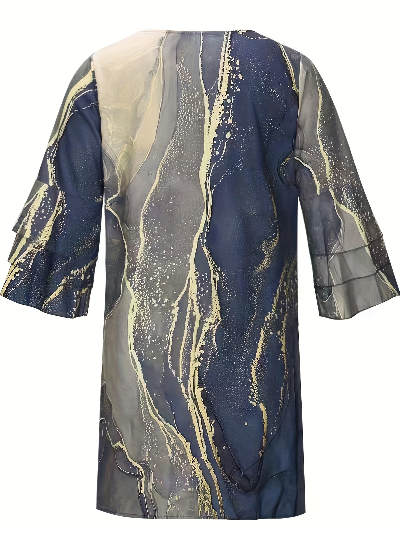 Marble Print Flared Sleeve Dress V Neck Loose Midi Dress