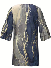 Marble Print Flared Sleeve Dress V Neck Loose Midi Dress