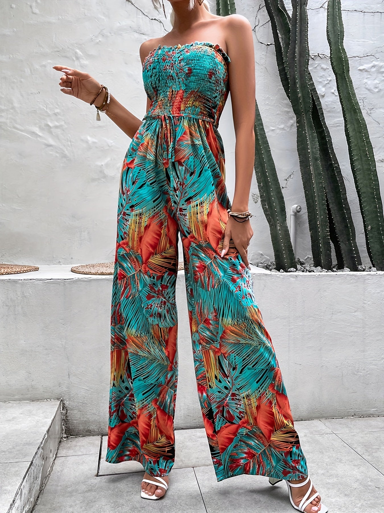 Tropical Print Strapless Jumpsuit for Women