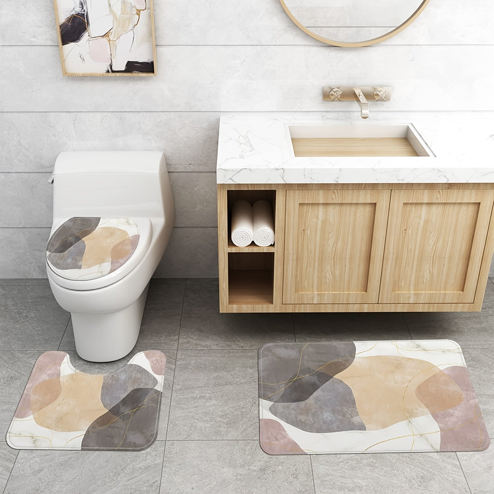 4pcs Abstract Block Shower Curtain Set with Rugs and Non Slip Bath Mat