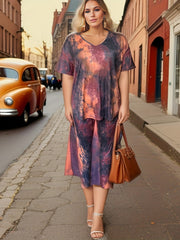 Plus Size Tie Dye Short Sleeve Tee & Pants Set Women's 2 Piece
