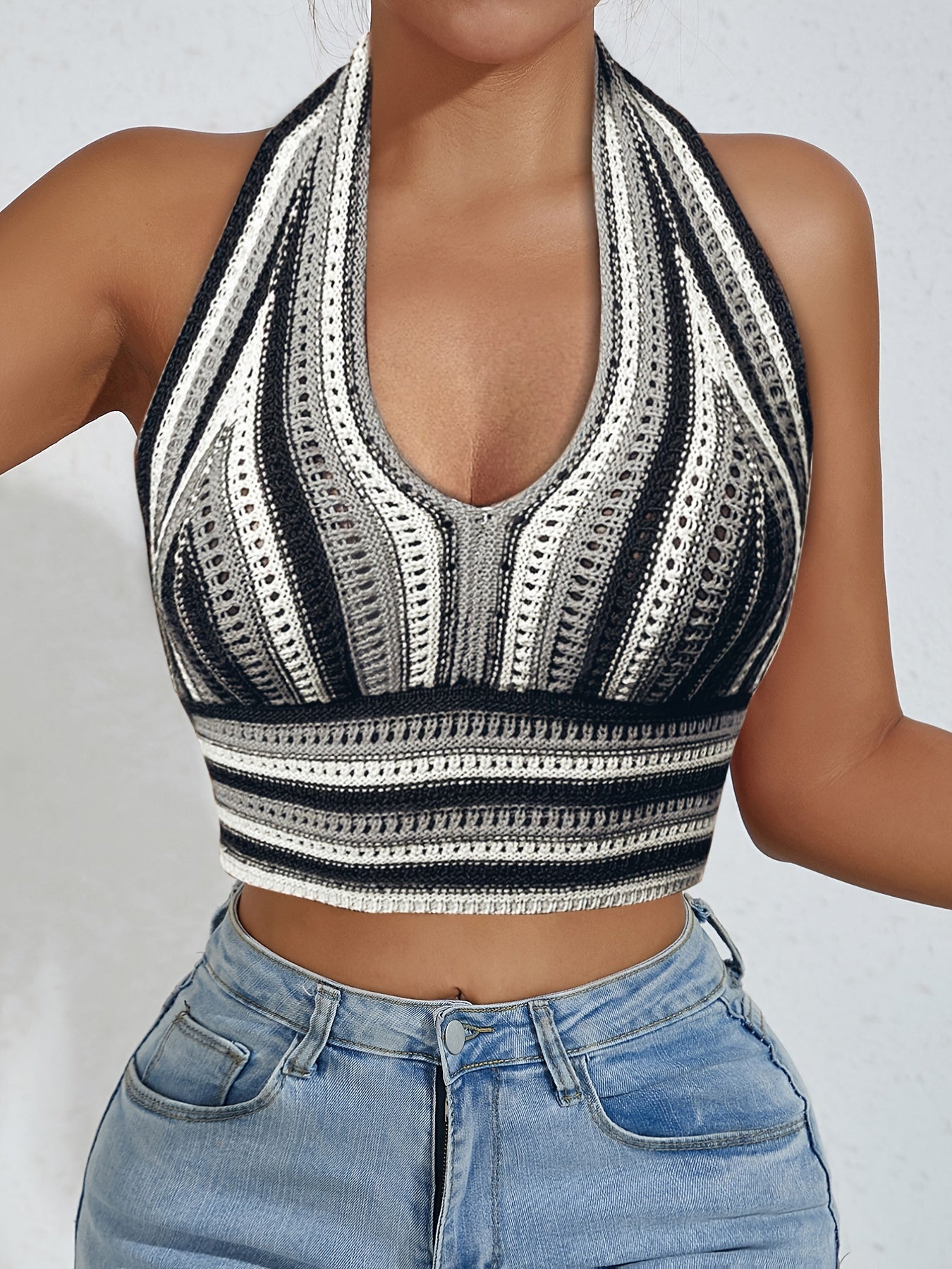 Striped Halter Crop Top Sleeveless Women's Clothing